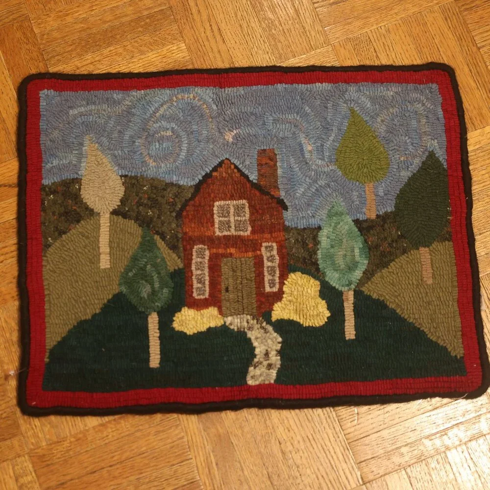 VINTAGE Hand Hooked Rug Summer HOME House Trees Landscape Primitive Folk 19x15